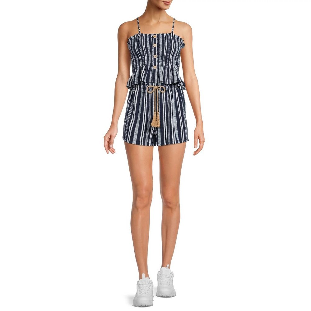 Juniors No Boundaries Smocked Tank Top & Shorts Set Navy Stripes Size Large NWT